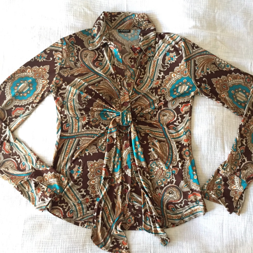 Paisley front tie silky blouse